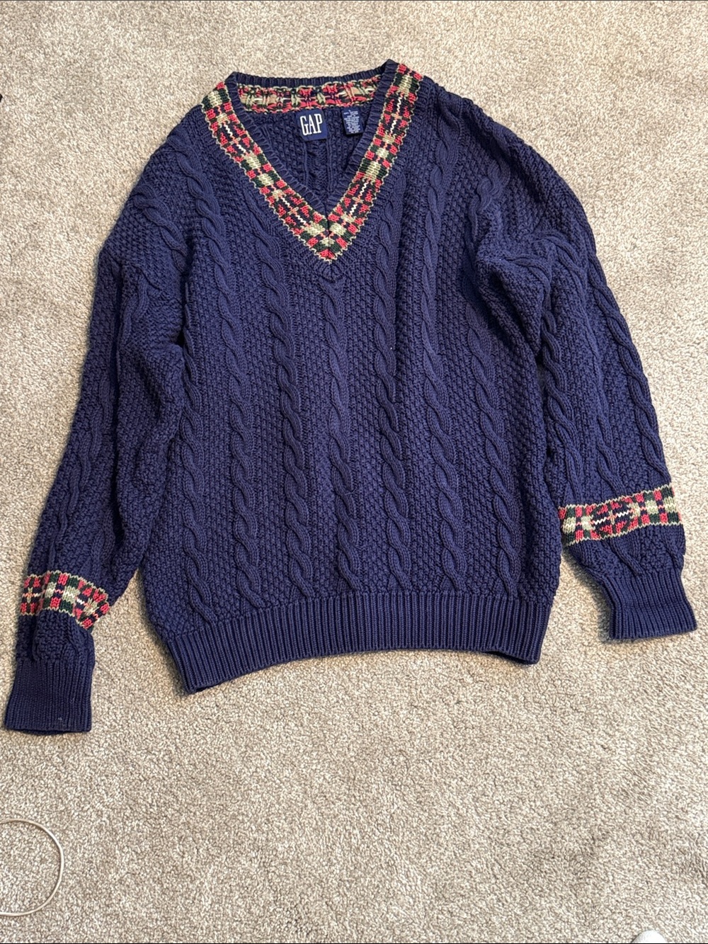 GAP Navy Cable V-Neck Sweater with Red and Green Tartan Trim